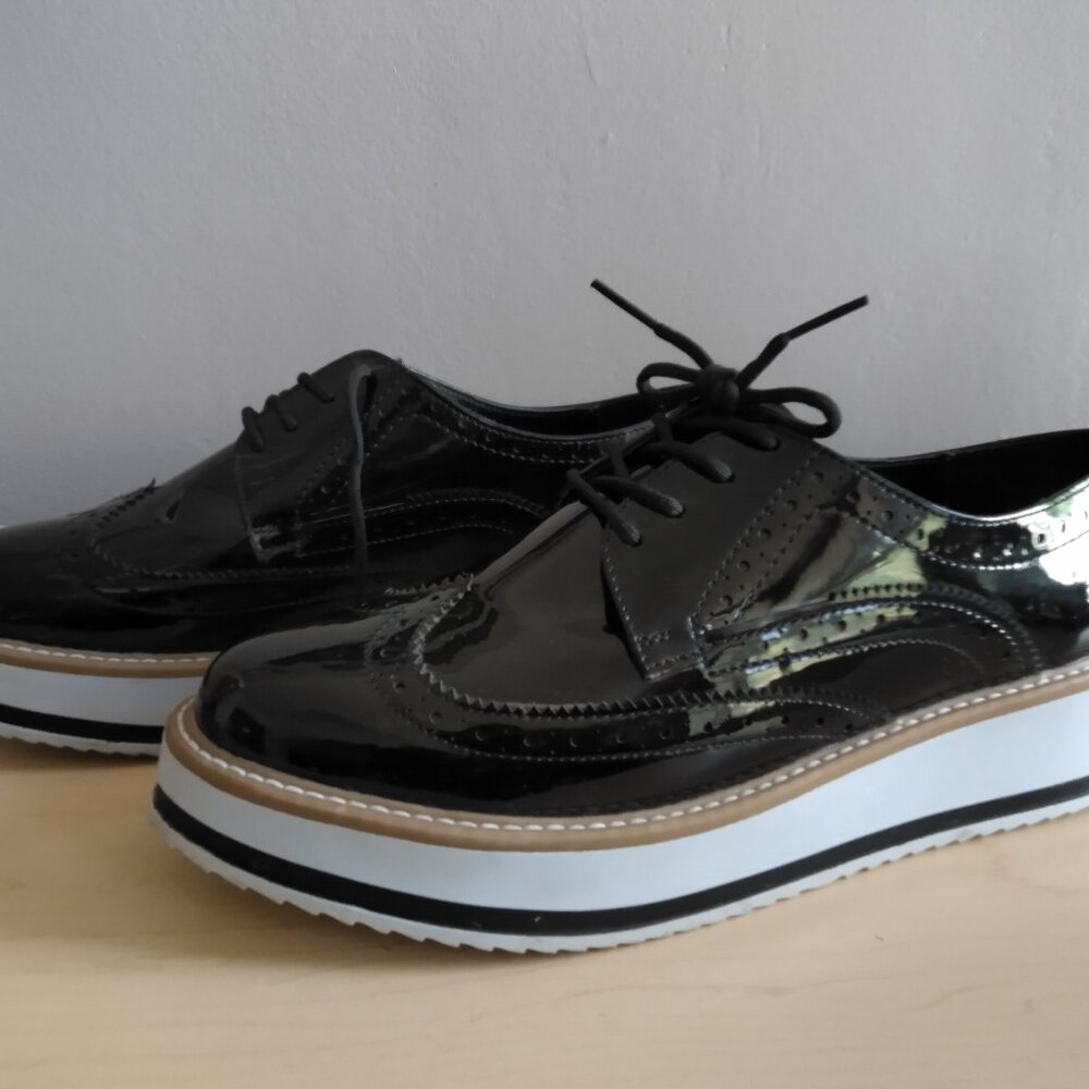 Creepers Platform Patent Lace Up Brogue Oxford Wingtip Shoes US9 Platform Wedge - Picture 9 of 10